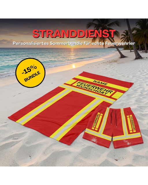 Sommerbundle: Badehose und Strandhandtuch im Feuerwehr-Design