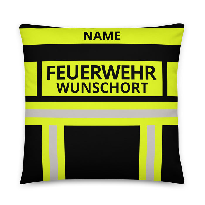 Feuerwehr Basic-Kissen – Personalisiert mit Name & Wunschort (Schwarz/Leuchtgelb) – Bild 1
