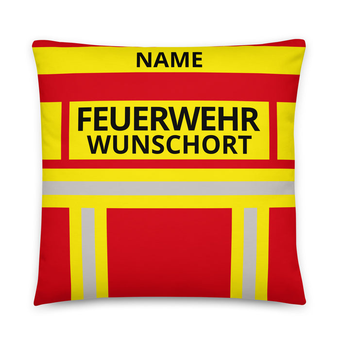 Feuerwehr Basic-Kissen – Personalisiert mit Name & Wunschort (Rot/Gelb) – Bild 1