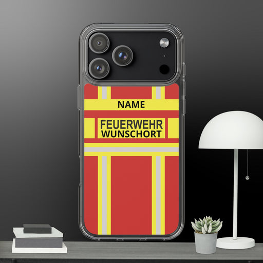 Feuerwehr Handyhülle iPhone® transparent Rot/Gelb – personalisierbar mit Name und Wunschort – Bild 1