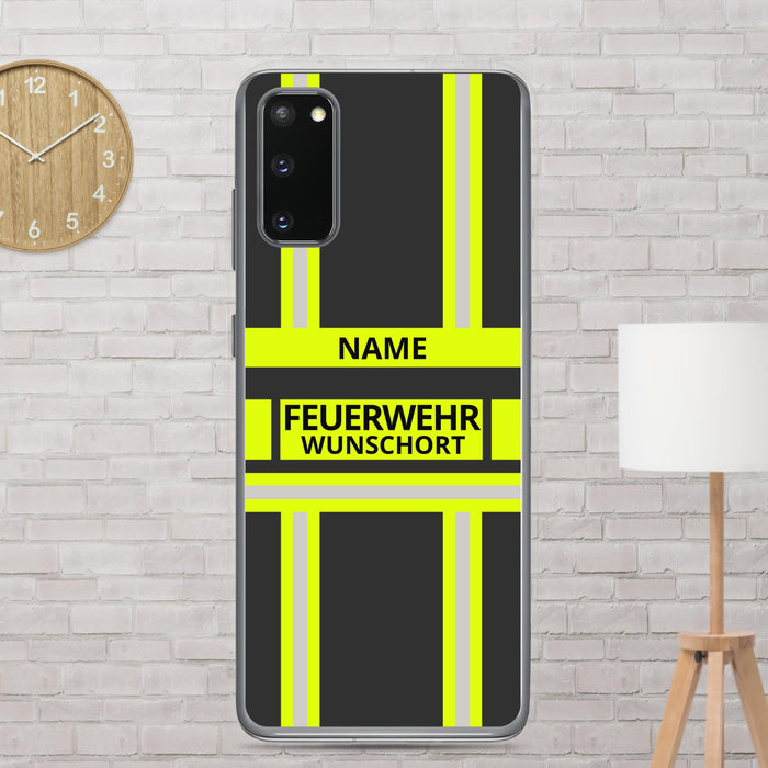 Feuerwehr Handyhülle Samsung® Galaxy S20 Transparent Schwarz/Leuchtgelb – personalisiert mit Name und Feuerwehr