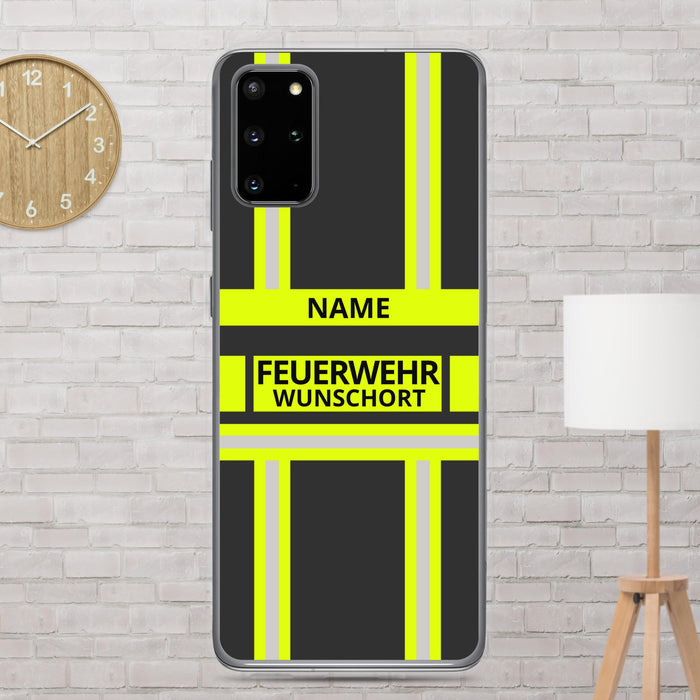Feuerwehr Handyhülle Samsung® Galaxy S20 Plus Transparent Schwarz/Leuchtgelb – personalisiert mit Name und Feuerwehr