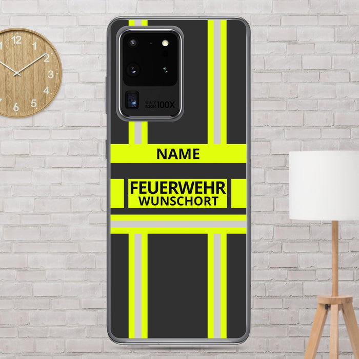 Feuerwehr Handyhülle Samsung® Galaxy S20 Ultra Transparent Schwarz/Leuchtgelb – personalisiert mit Name und Feuerwehr
