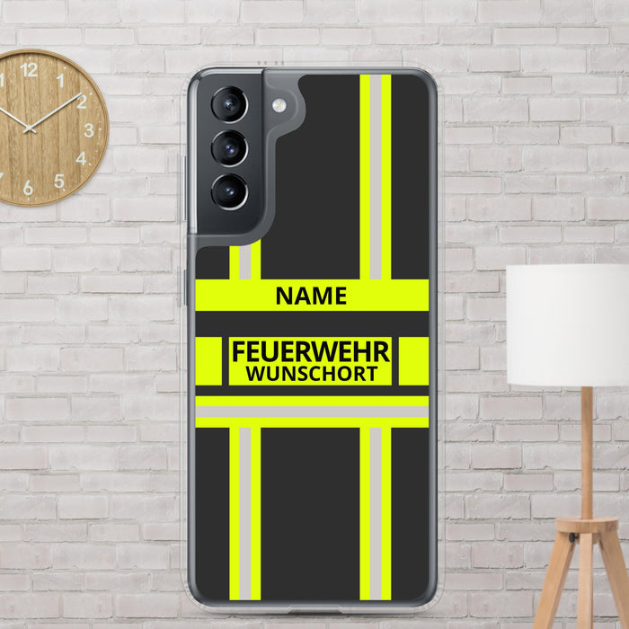 Feuerwehr Handyhülle Samsung® Galaxy S21 Transparent Schwarz/Leuchtgelb – personalisiert mit Name und Feuerwehr