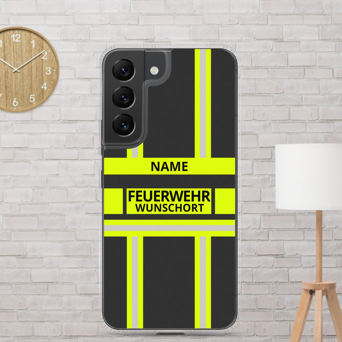 Feuerwehr Handyhülle Samsung® Galaxy S22 Transparent Schwarz/Leuchtgelb – personalisiert mit Name und Feuerwehr