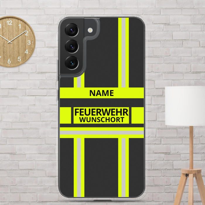 Feuerwehr Handyhülle Samsung® Galaxy S22 Plus Transparent Schwarz/Leuchtgelb – personalisiert mit Name und Feuerwehr
