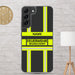 Feuerwehr Handyhülle Samsung® Galaxy S22 Plus Transparent Schwarz/Leuchtgelb – personalisiert mit Name und Feuerwehr