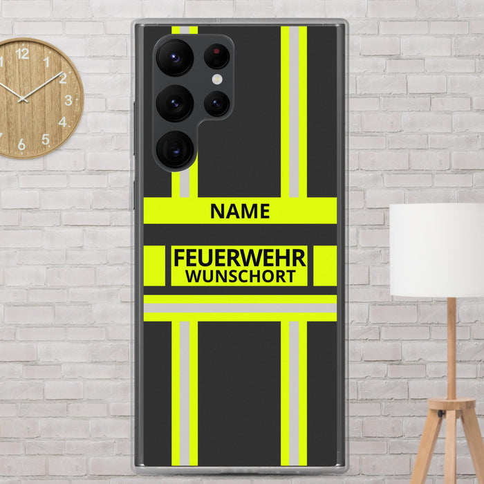 Feuerwehr Handyhülle Samsung® Galaxy S22 Ultra Transparent Schwarz/Leuchtgelb – personalisiert mit Name und Feuerwehr
