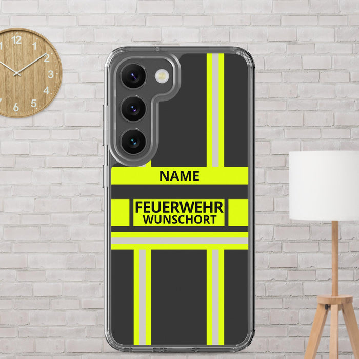 Feuerwehr Handyhülle Samsung® Galaxy S23 Transparent Schwarz/Leuchtgelb – personalisiert mit Name und Feuerwehr