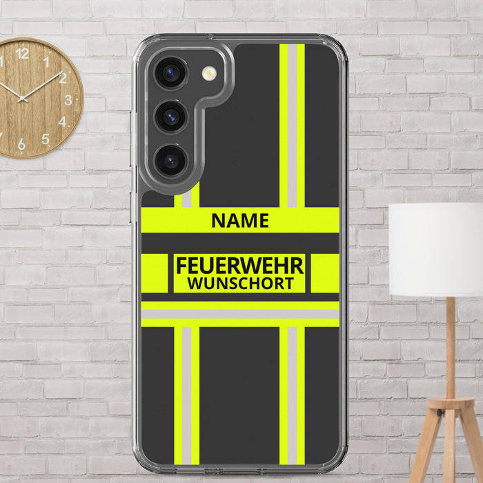 Feuerwehr Handyhülle Samsung® Galaxy S23 Plus Transparent Schwarz/Leuchtgelb – personalisiert mit Name und Feuerwehr