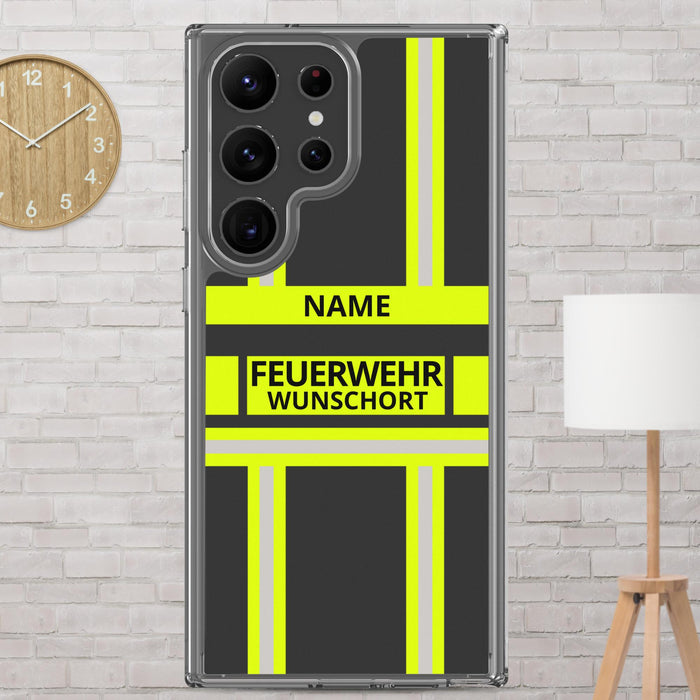 Feuerwehr Handyhülle Samsung® Galaxy S23 Ultra Transparent Schwarz/Leuchtgelb – personalisiert mit Name und Feuerwehr