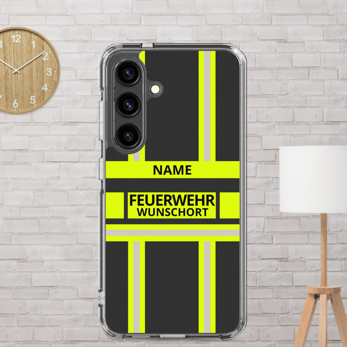 Feuerwehr Handyhülle Samsung® Galaxy S24 Transparent Schwarz/Leuchtgelb – personalisiert mit Name und Feuerwehr
