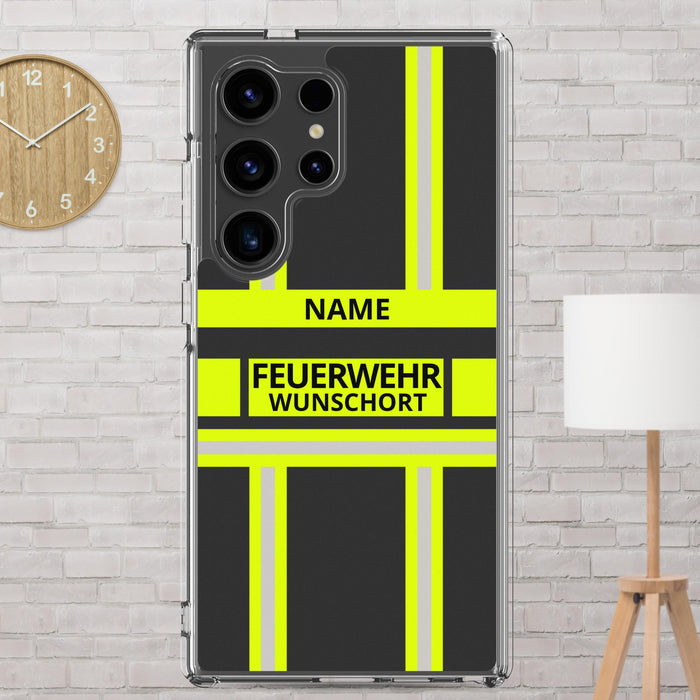 Feuerwehr Handyhülle Samsung® Galaxy S24 Ultra Transparent Schwarz/Leuchtgelb – personalisiert mit Name und Feuerwehr
