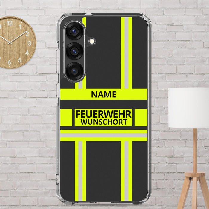 Feuerwehr Handyhülle Samsung® Galaxy S25 Plus Transparent Schwarz/Leuchtgelb – personalisiert mit Name und Feuerwehr