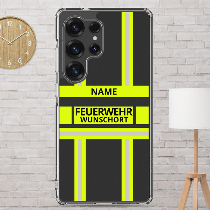 Feuerwehr Handyhülle Samsung® Galaxy S25 Ultra Transparent Schwarz/Leuchtgelb – personalisiert mit Name und Feuerwehr