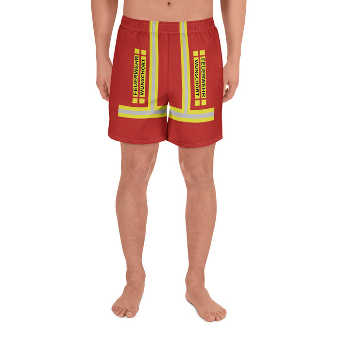 Personalisierte Feuerwehr Badehose Rot mit Feuerwehr und Wunschort – am Model