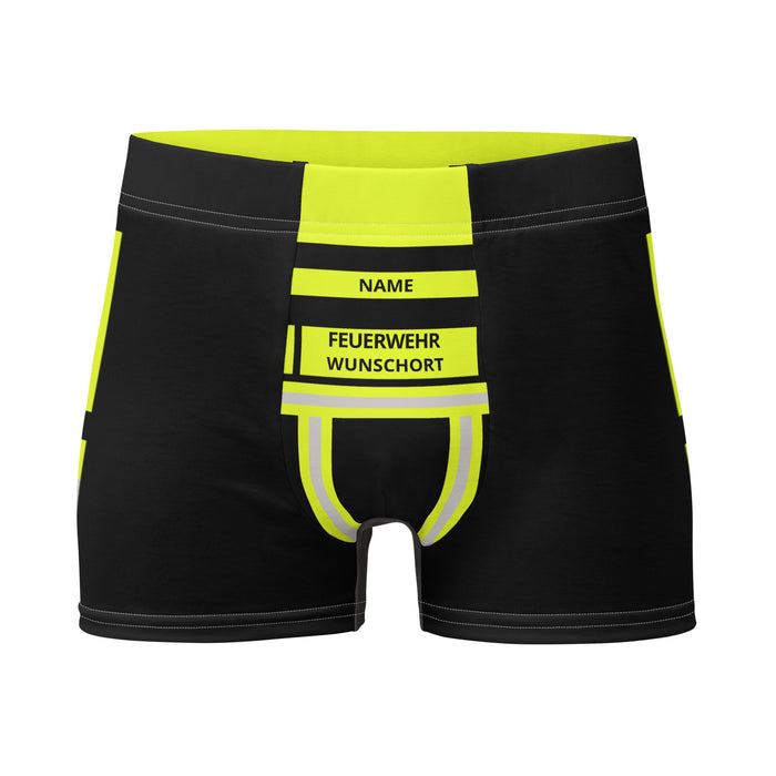 Feuerwehr Boxershort – Personalisiert mit Name & Wunschort (Schwarz/Leuchtgelb) – Bild 1