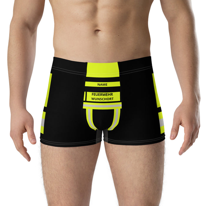 Feuerwehr Boxershort – Personalisiert mit Name & Wunschort (Schwarz/Leuchtgelb) – Bild 2