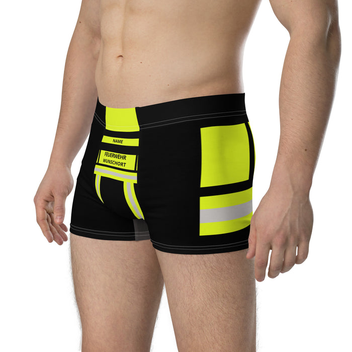 Feuerwehr Boxershort – Personalisiert mit Name & Wunschort (Schwarz/Leuchtgelb) – Bild 3