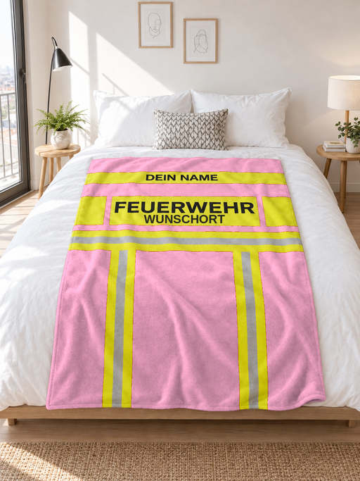 Feuerwehr Decke – Rosa/Gelb – personalisierbar mit Name und Wunschort – Bild 1
