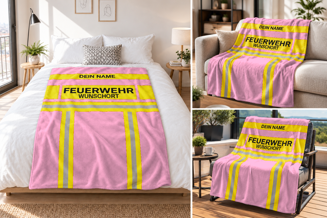 Feuerwehr Decke – Rosa/Gelb – personalisierbar mit Name und Wunschort – Bild 2