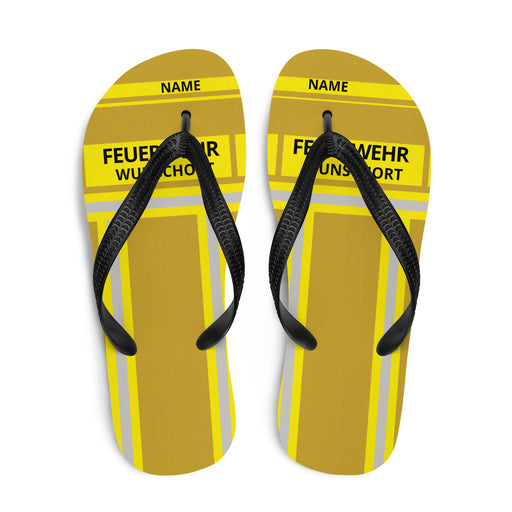 Feuerwehr Flip Flops – Personalisiert mit Name & Wunschort (Gold/Gelb) – Bild 1