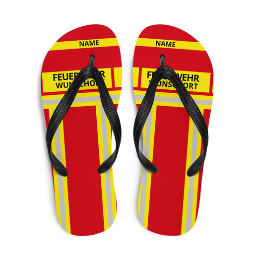Feuerwehr Flip Flops – Personalisiert mit Name & Wunschort (Rot/Gelb) – Bild 1
