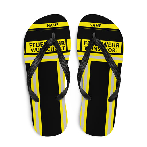 Feuerwehr Flip Flops – Personalisiert mit Name & Wunschort (Schwarz/Gelb) – Bild 1