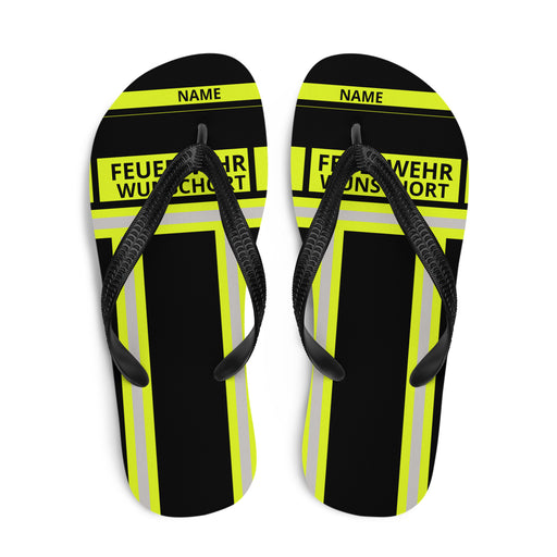Feuerwehr Flip Flops – Personalisiert mit Name & Wunschort (Schwarz/Leuchtgelb) – Bild 1