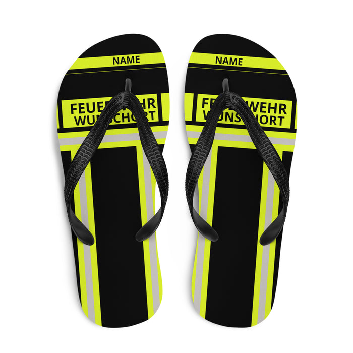 Feuerwehr Flip Flops – Personalisiert mit Name & Wunschort (Schwarz/Leuchtgelb) – Bild 1