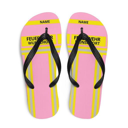 Feuerwehr Flip Flops – Rosa/Gelb – personalisierbar mit Name und Wunschort