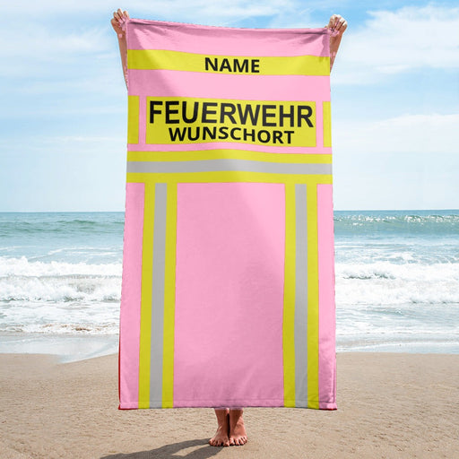 Feuerwehr Handtuch – Rosa/Gelb – personalisierbar mit Name und Wunschort