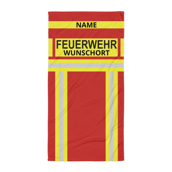 Personalisiertes Feuerwehr Handtuch Rot/Gelb mit Name und Wunschort – Vorderansicht