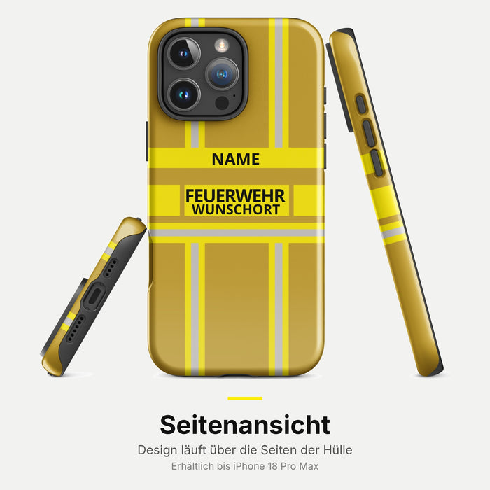 Feuerwehr Handyhülle iPhone® Hardcase Gold/Gelb mit Name und Wunschort – Seitenansicht