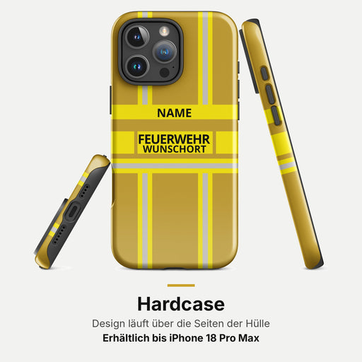 Feuerwehr Handyhülle iPhone® Hardcase Gold/Gelb mit Name und Wunschort – Rundumansicht