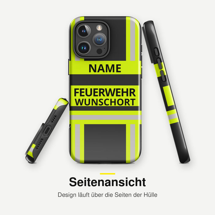 Feuerwehr Handyhülle iPhone® Hardcase Schwarz/Leuchtgelb mit Name und Wunschort – Seitenansicht