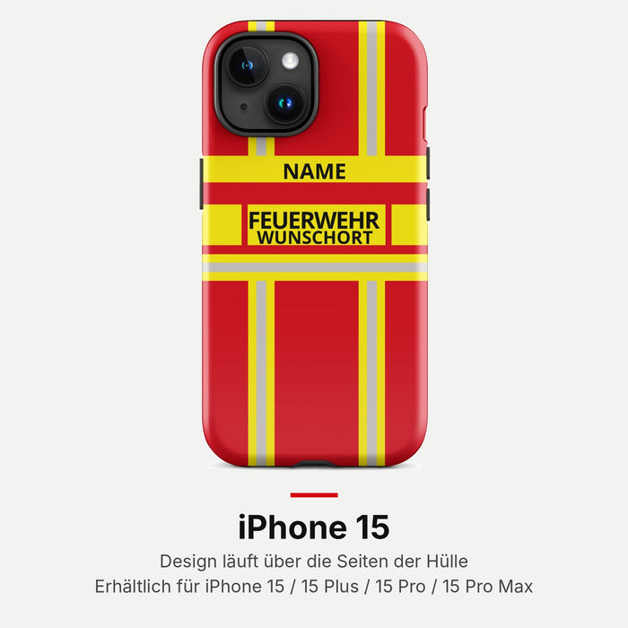 Feuerwehr Handyhülle iPhone® Hardcase Rot/Gelb mit Name und Wunschort – iPhone 15 / 15 Plus / 15 Pro / 15 Pro Max