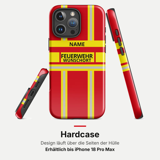 Feuerwehr Handyhülle iPhone® Hardcase Rot/Gelb mit Name und Wunschort – Rundumansicht