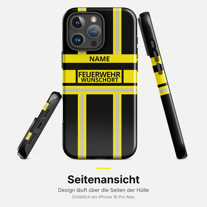 Feuerwehr Handyhülle iPhone® Hardcase Schwarz/Gelb mit Name und Wunschort – Seitenansicht