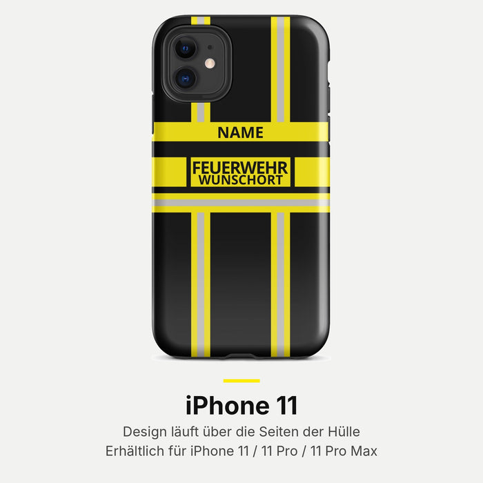 Feuerwehr Handyhülle iPhone® Hardcase Schwarz/Gelb mit Name und Wunschort – iPhone 11 / 11 Pro / 11 Pro Max