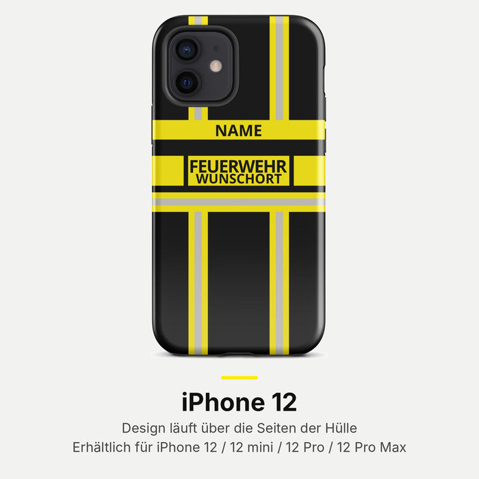 Feuerwehr Handyhülle iPhone® Hardcase Schwarz/Gelb mit Name und Wunschort – iPhone 12 / 12 mini / 12 Pro / 12 Pro Max