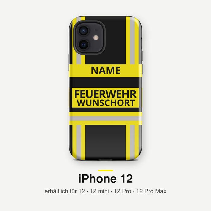 Feuerwehr Handyhülle iPhone® Hardcase Schwarz/Gelb mit Name und Wunschort – iPhone 12 / 12 mini / 12 Pro / 12 Pro Max