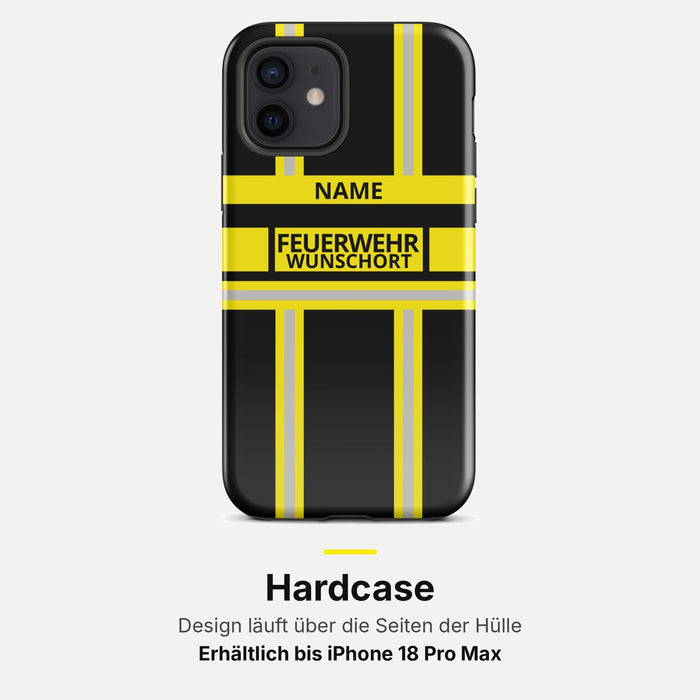 Feuerwehr Handyhülle iPhone® Hardcase Schwarz/Gelb mit Name und Wunschort – iPhone 12 / 12 mini / 12 Pro / 12 Pro Max