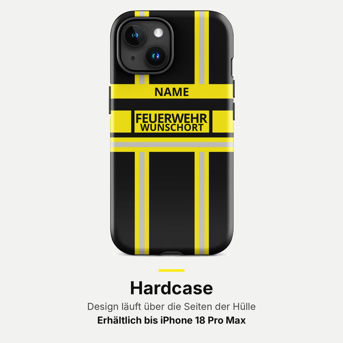 Feuerwehr Handyhülle iPhone® Hardcase Schwarz/Gelb mit Name und Wunschort – iPhone 15 / 15 Plus / 15 Pro / 15 Pro Max