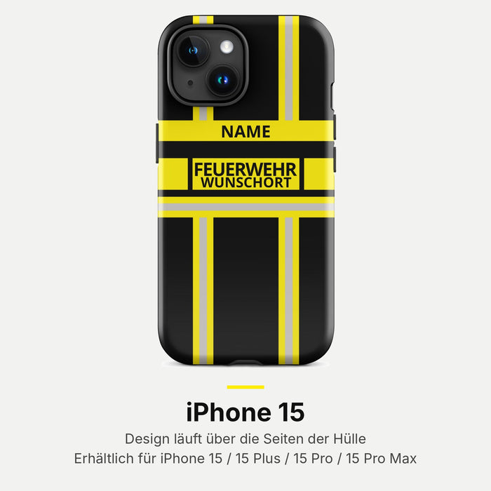 Feuerwehr Handyhülle iPhone® Hardcase Schwarz/Gelb mit Name und Wunschort – iPhone 15 / 15 Plus / 15 Pro / 15 Pro Max
