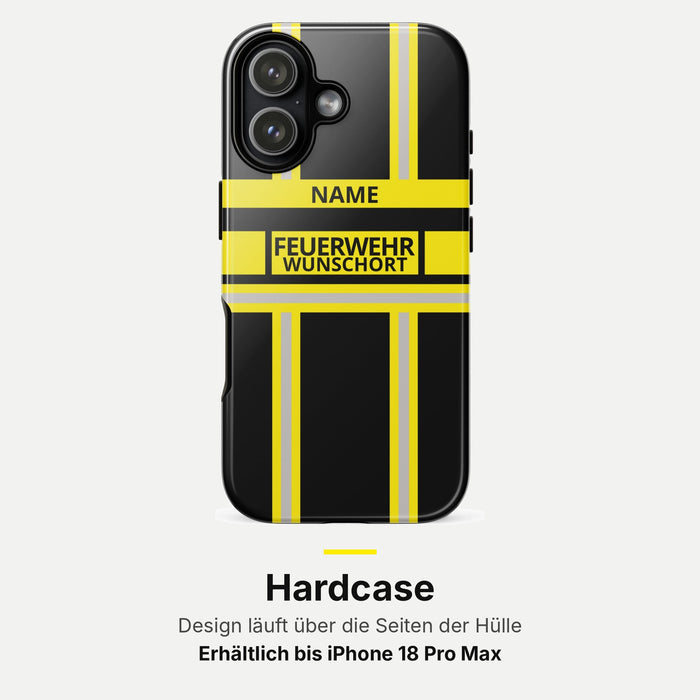 Feuerwehr Handyhülle iPhone® Hardcase Schwarz/Gelb mit Name und Wunschort – iPhone 17 / 17 Air / 17 Pro / 17 Pro Max