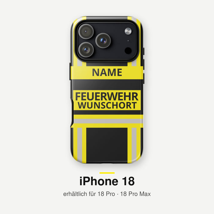 Feuerwehr Handyhülle iPhone® Hardcase Schwarz/Gelb mit Name und Wunschort – iPhone 18 Pro / 18 Pro Max