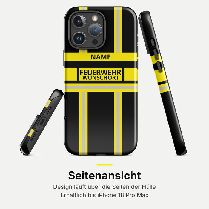 Feuerwehr Handyhülle iPhone® Hardcase Schwarz/Gelb mit Name und Wunschort – Seitenansicht