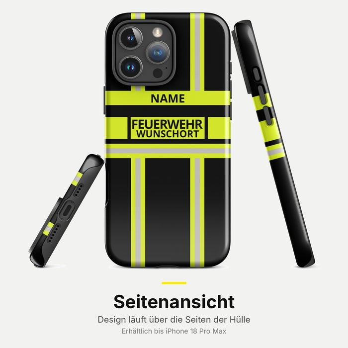 Feuerwehr Handyhülle iPhone® Hardcase Schwarz/Leuchtgelb mit Name und Wunschort – Seitenansicht
