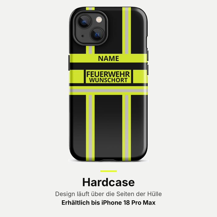 Feuerwehr Handyhülle iPhone® Hardcase Schwarz/Leuchtgelb mit Name und Wunschort – iPhone 13 / 13 mini / 13 Pro / 13 Pro Max